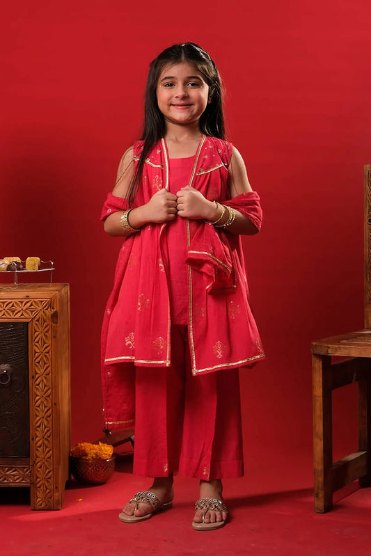 Picture of Senorita - Kids Eid Dress - Red & Gold - Casual Plus 3 Piece Suit - KBD-03327 - Available at Raja Sahib