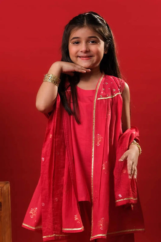 Picture of Senorita - Kids Eid Dress - Red & Gold - Casual Plus 3 Piece Suit - KBD-03327 - Available at Raja Sahib