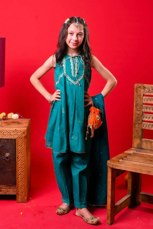 Picture of Senorita - Turquois Blue & Gold - Casual Plus 3 Piece Suit - Cotton Plain - KBD-03328 - Available at Raja Sahib