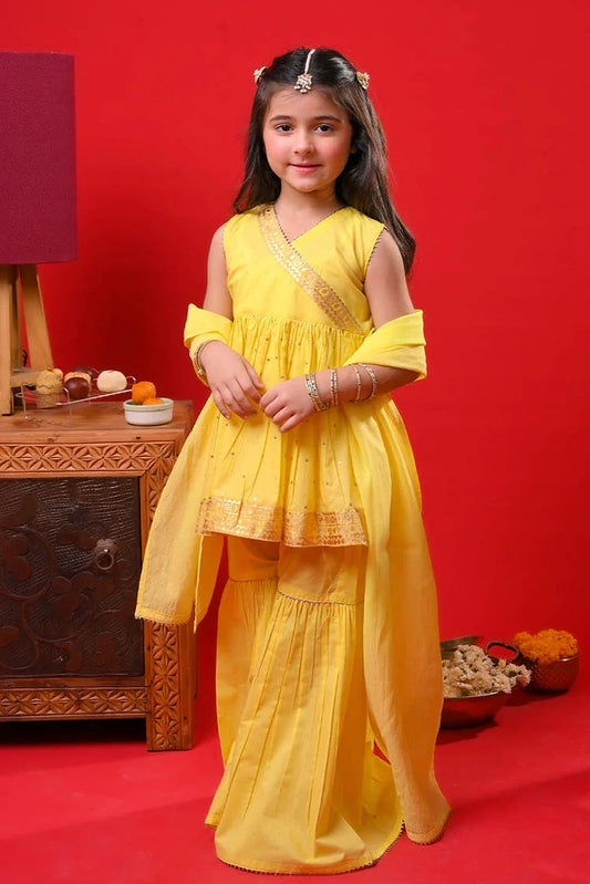 Picture of Senorita - Yellow & Gold - Casual Plus 3 Piece Suit - Cotton Gold Foil Printed - KBD-03366 - Available at Raja Sahib