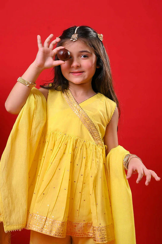 Picture of Senorita - Yellow & Gold - Casual Plus 3 Piece Suit - Cotton Gold Foil Printed - KBD-03366 - Available at Raja Sahib