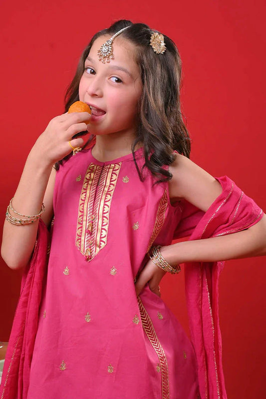Picture of Senorita - Shocking Pink & Gold - Casual Plus 3 Piece Suit - Cotton Gold Foil Printed - KBD-03367 - Available at Raja Sahib