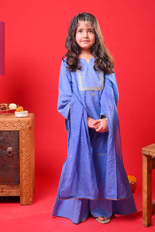 Picture of Senorita - Kids Eid Dress - Blue & Gold - Casual Plus 3 Piece Suit - KBD-03371 - Available at Raja Sahib