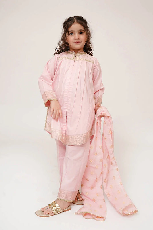 Senorita - Kids Casual Dress - Casual Plus 3 Piece Suit - Cotton Plain with Banarsi Borders - KBD-03448