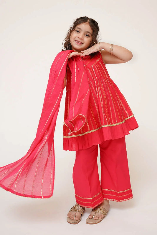 Picture of Senorita - Kids Eid Dress - Shocking Pink & Gold - Casual Plus 3 Piece Suit - KBD-03458 - Available at Raja Sahib