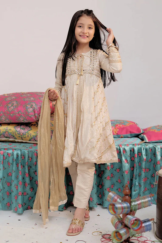 Picture of KDD-02735 | Fawn & Gold | Formal 3 Piece Suit | Banarsi Shimmer & Organza tissue - Available at Raja Sahib