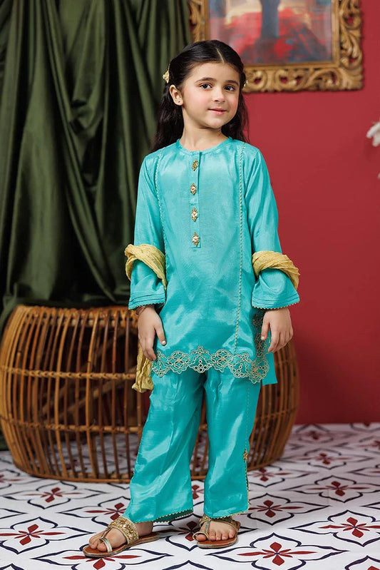 Picture of KDD-02948 | Sea Green & Gold | Formal 3 Piece Suit | VIscose Raw Silk - Available at Raja Sahib