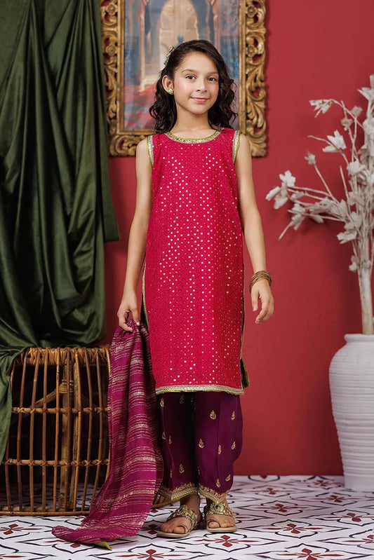 Picture of KDD-03050 | Shocking Pink & Pruple | Formal 3 Piece Suit | Viscose Crinkle Chiffon - Available at Raja Sahib