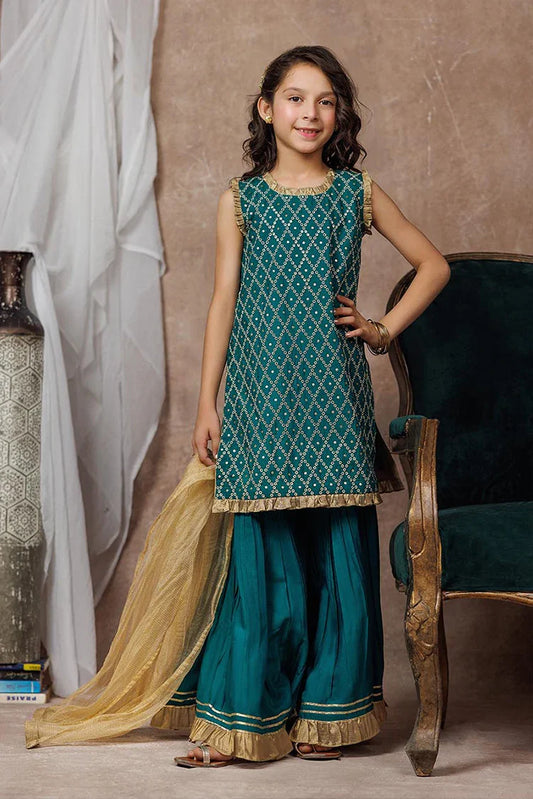 Picture of KDD-03053 | Turquoise Green & Golden | Formal 3 Piece Suit | Viscose Raw-Silk - Available at Raja Sahib