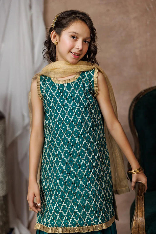 Picture of KDD-03053 | Turquoise Green & Golden | Formal 3 Piece Suit | Viscose Raw-Silk - Available at Raja Sahib