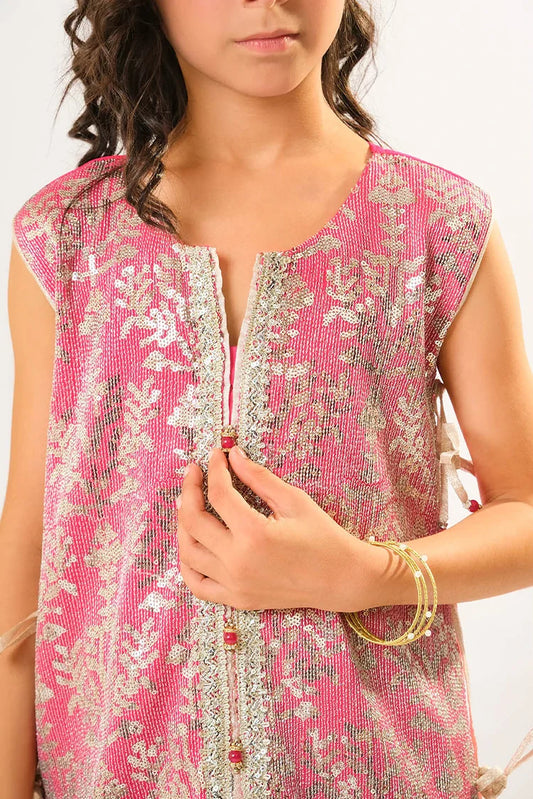 Picture of Kids formal clothes | Shocking Pink & Fawn | Formal 3 Piece Suit | Viscose Chiffon & Organza | KDD-03056 - Available at Raja Sahib