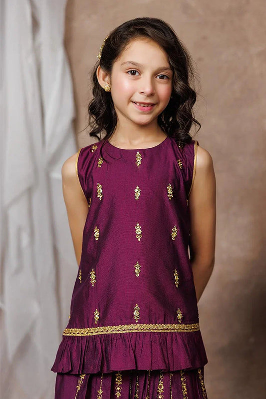 Picture of KDD-03069 | Purple & Gold | Formal 3 Piece Suit | Viscose Chambray Katan - Available at Raja Sahib