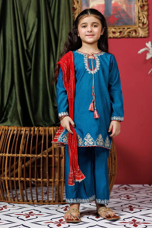 Picture of KDD-03071 | Turquoise Blue & Golden | Formal 3 Piece Suit | Viscose Chambray Katan - Available at Raja Sahib