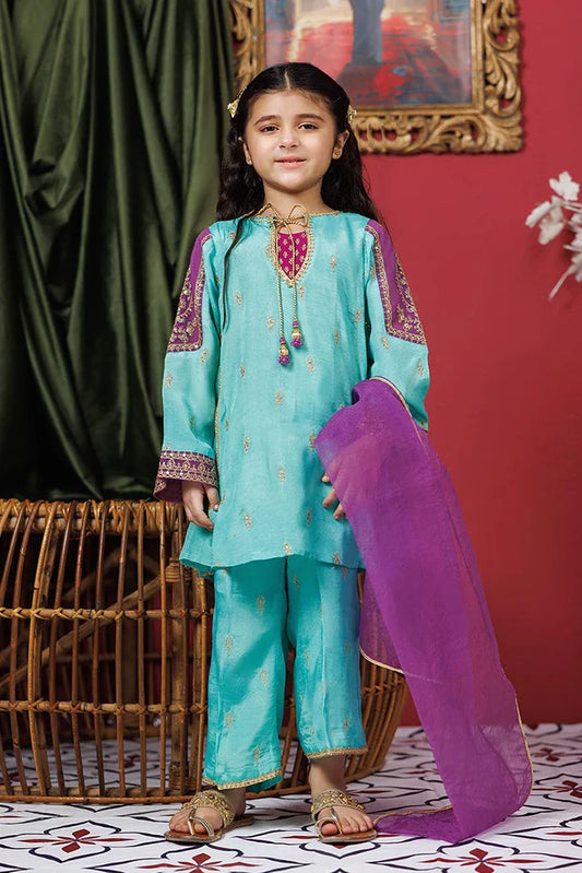 Picture of Kids formal clothes | Sea Green & Purple | Formal 3 Piece Suit | Viscose Raw-Silk | KDD-03073 - Available at Raja Sahib