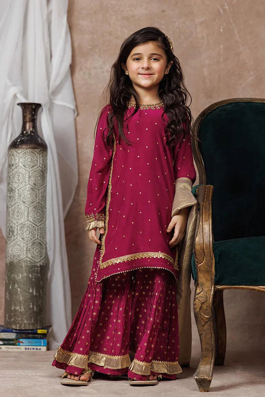Picture of KDD-03074 | Magenta & Gold | Formal 3 Piece Suit | Viscose Raw-Silk - Available at Raja Sahib