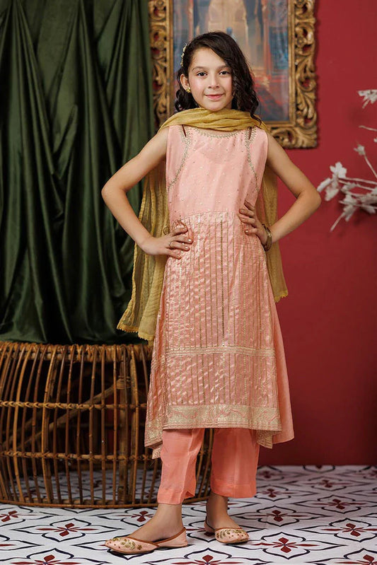 Picture of KDD-03106 | Peach & Gold | Formal 3 Piece Suit | Viscose Raw-Silk - Available at Raja Sahib