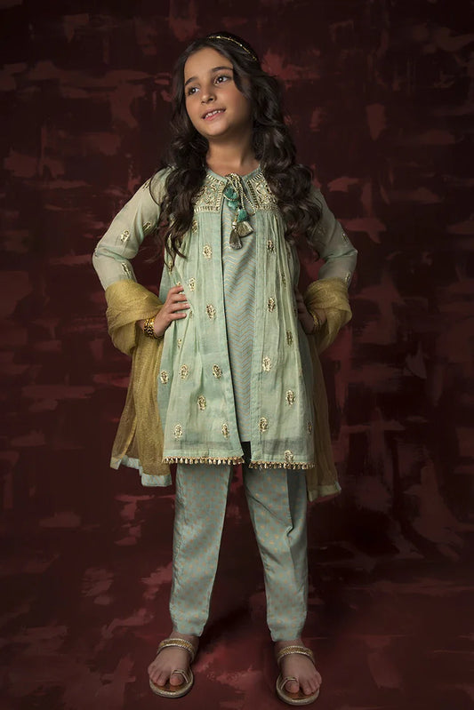Picture of Kids formal clothes | Green & Gold | Formal 3 Piece Suit | Banarsi Masuri | KDD-03158 - Available at Raja Sahib