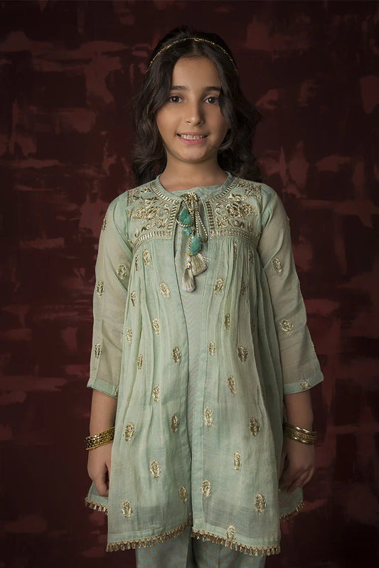 Picture of Kids formal clothes | Green & Gold | Formal 3 Piece Suit | Banarsi Masuri | KDD-03158 - Available at Raja Sahib