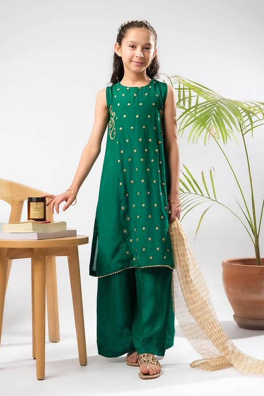 Picture of Senorita - Kids formal clothes - T.Green/Gold - Formal 3 Piece Suit - KDD-03279 - Available at Raja Sahib