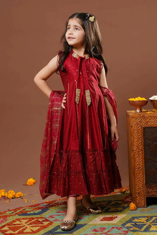 Picture of Senorita - Maroon & Gold - Formal 3 Piece Suit - Viscose Chambray Katan - KDD-03296 - Available at Raja Sahib