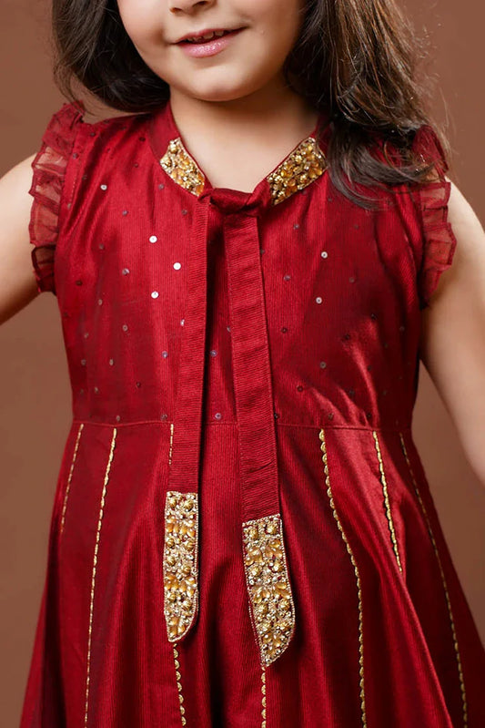 Picture of Senorita - Maroon & Gold - Formal 3 Piece Suit - Viscose Chambray Katan - KDD-03296 - Available at Raja Sahib