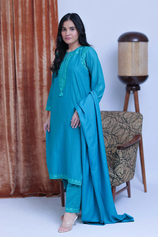 Picture of LAD-02513 | Turquoise Blue | Casual 3 Piece Suit | Cotton Karandi Dobby - Available at Raja Sahib