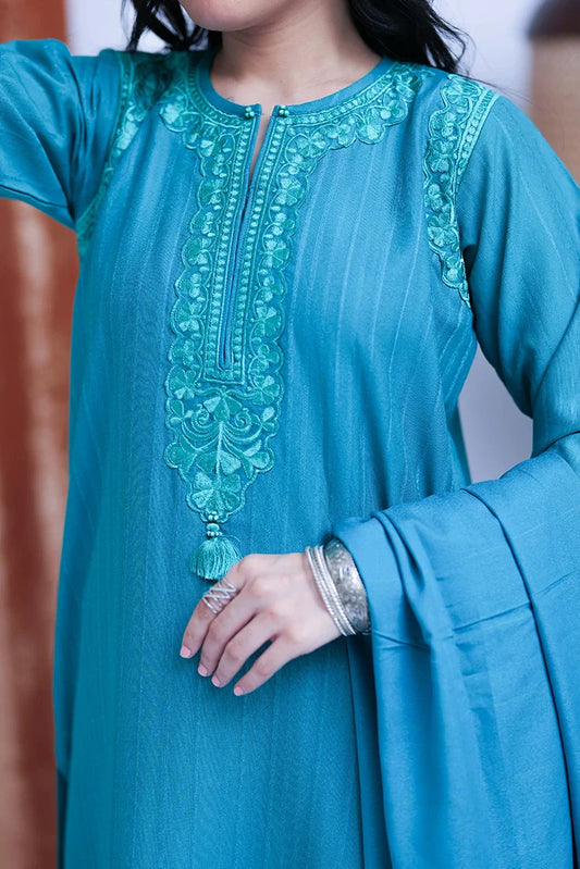 Picture of LAD-02513 | Turquoise Blue | Casual 3 Piece Suit | Cotton Karandi Dobby - Available at Raja Sahib