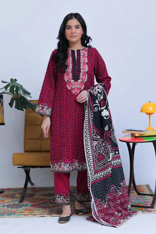 Picture of LAD-02548 | Shocking Pink & Black | Casual 3 Piece Suit | Cotton Khaddar Printed - Available at Raja Sahib