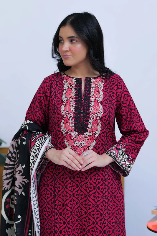 Picture of LAD-02548 | Shocking Pink & Black | Casual 3 Piece Suit | Cotton Khaddar Printed - Available at Raja Sahib