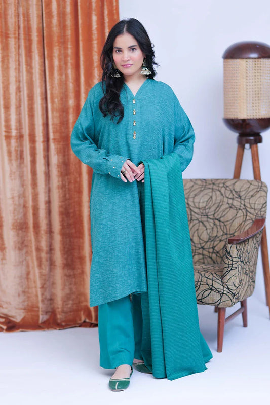 Picture of LBD-02825 | T. Green & Gold | Casual 3 Piece Suit | Viscose Self Dobby - Available at Raja Sahib
