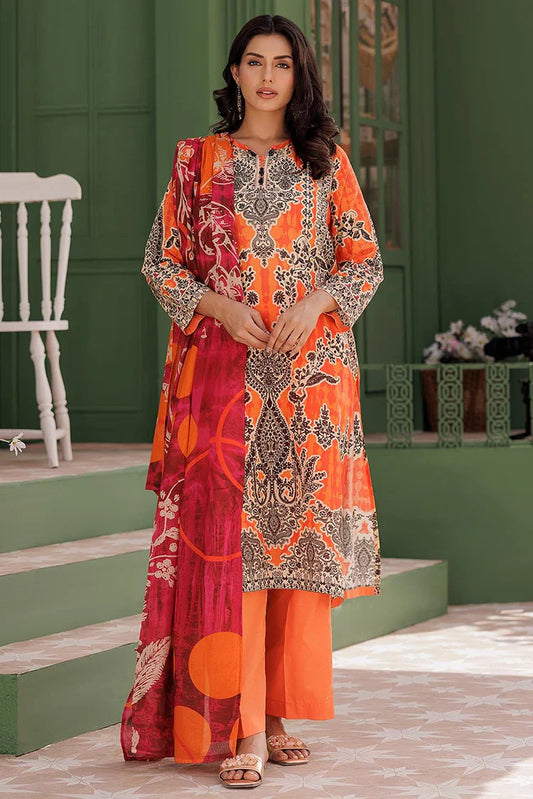 Picture of LAD-03012 | Orange & Multicolor | Casual 3 Piece Suit | Cotton Lawn Printed - Available at Raja Sahib