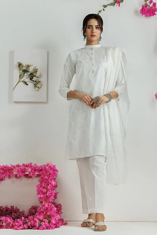 Picture of LAD-03114 | White & silver | Casual 3 Piece Suit | Plain Cotton - Available at Raja Sahib