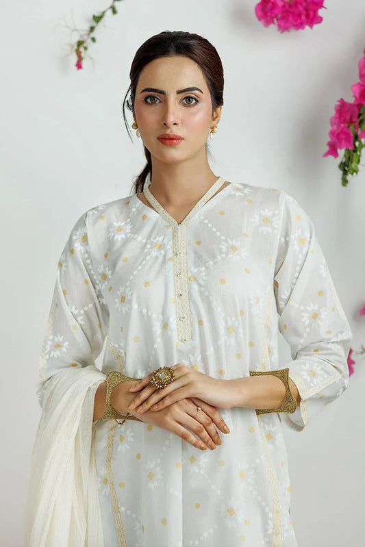 Picture of LAD-03169 | White & Gold | Casual 3 Piece Suit | Cotton Lawn Printed - Available at Raja Sahib