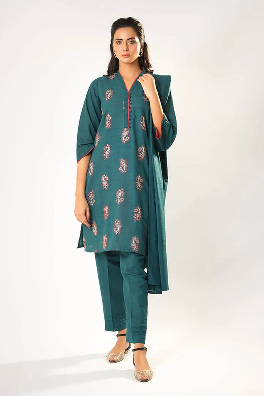 Picture of Women winter clothes | Turquoise Blue | Casual 3 Piece Suit | Cotton Khaddar Dyed | LAD-03177 - Available at Raja Sahib