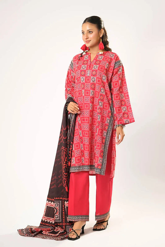 Picture of Women winter clothes | Red & Multicolor | Casual 3 Piece Suit | Cotton Khaddar Printed | LAD-03195 - Available at Raja Sahib