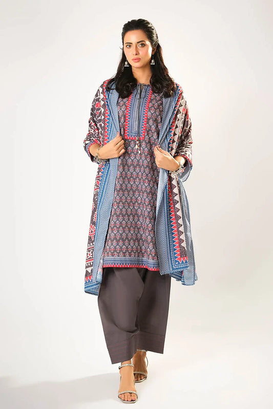 Picture of Women winter clothes | Grey & Multicolor | Casual 3 Piece Suit | Cotton Khaddar Printed | LAD-03196 - Available at Raja Sahib