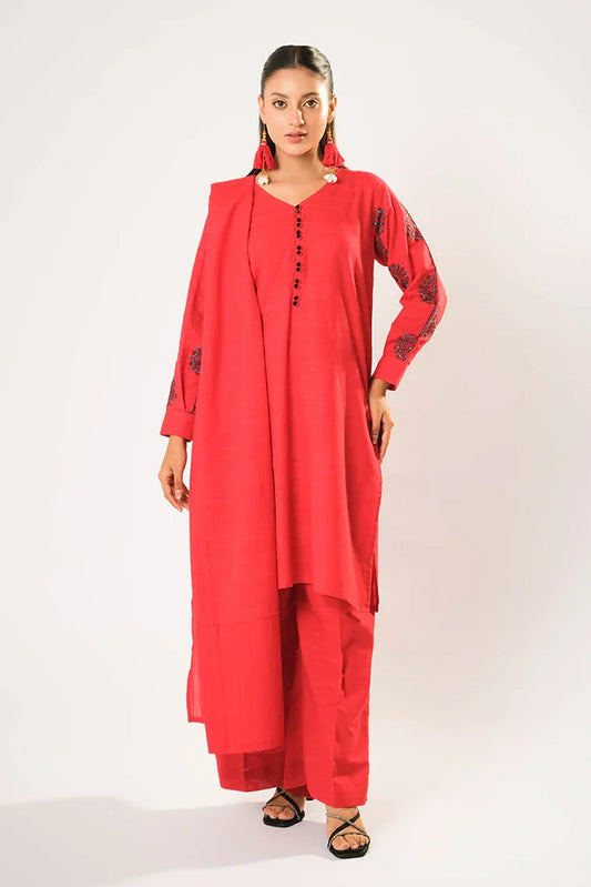 Picture of Women winter clothes | Red | Casual 3 Piece Suit | Cotton Khaddar Plain | LAD-03203 - Available at Raja Sahib