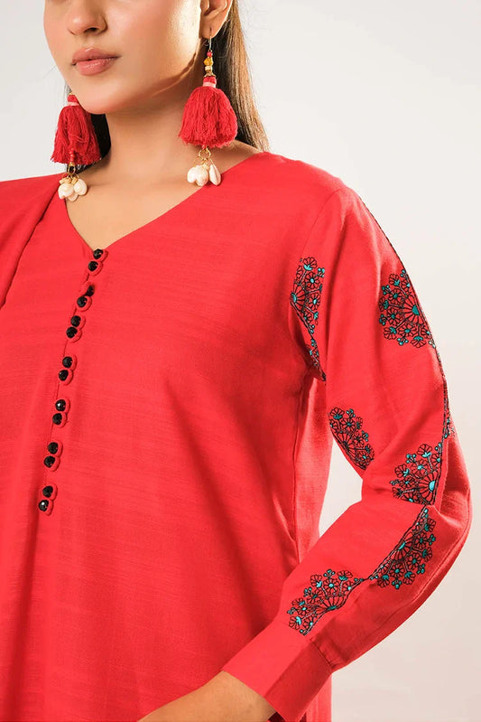 Picture of Women winter clothes | Red | Casual 3 Piece Suit | Cotton Khaddar Plain | LAD-03203 - Available at Raja Sahib