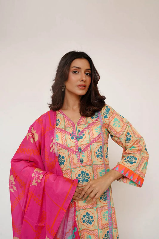Picture of Senorita - Women Eid Dress - Fawn & Multicolor - Casual 3 Piece Suit - LAD-03434 - Available at Raja Sahib