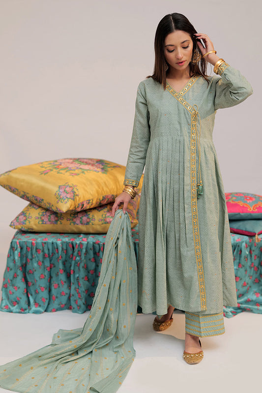 Picture of Senorita - LBD-02560 | Green & Gold | Casual plus 3 Piece Suit | Cotton Yarn dyed Jacquard - Available at Raja Sahib