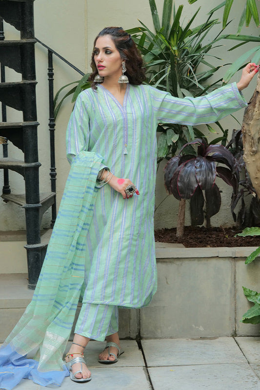Picture of Senorita - LBD-02562 | Green & Blue | Casual plus 3 Piece Suit | Cotton Yarndyed Jacquard - Available at Raja Sahib