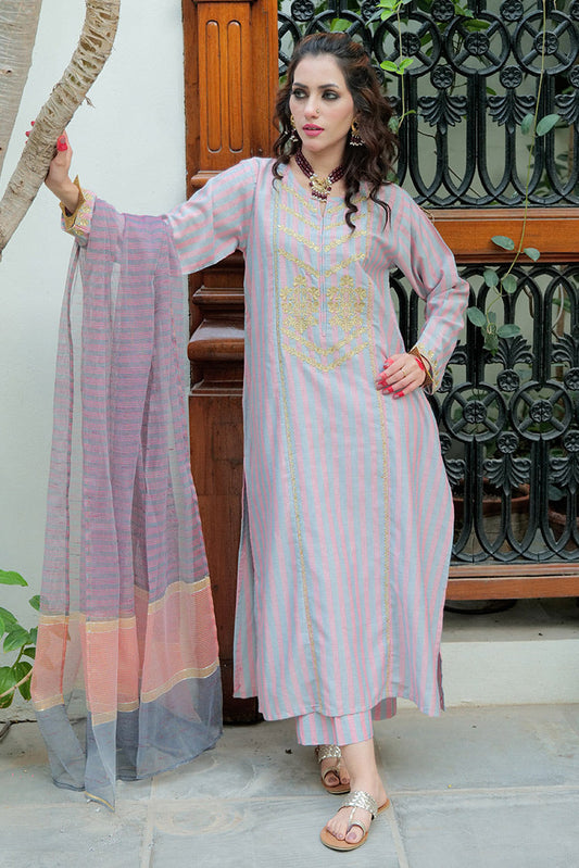 Picture of Senorita - LBD-02564 | Gray & Red | Casual plus 3 Piece Suit | Cotton Yarndyed Jacquard - Available at Raja Sahib