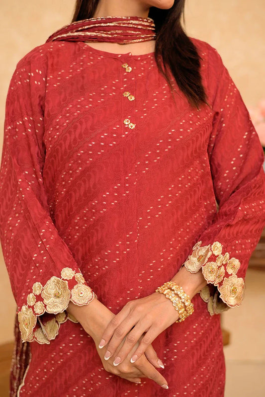 Picture of LBD-02892 | Maroon & Gold | Casual Plus 3 Piece Suit | Cotton Viscose Filament Jacquard - Available at Raja Sahib