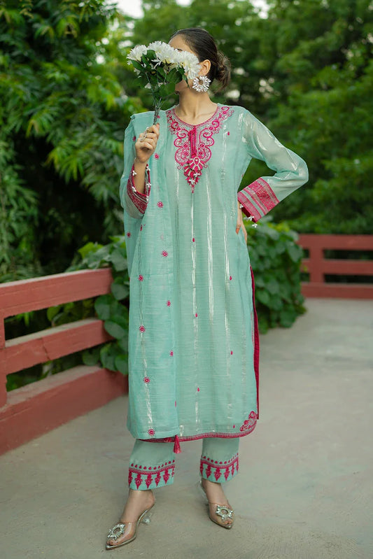 Tasneem Shamim - Hand Embellished Metallique Organza - Emerald