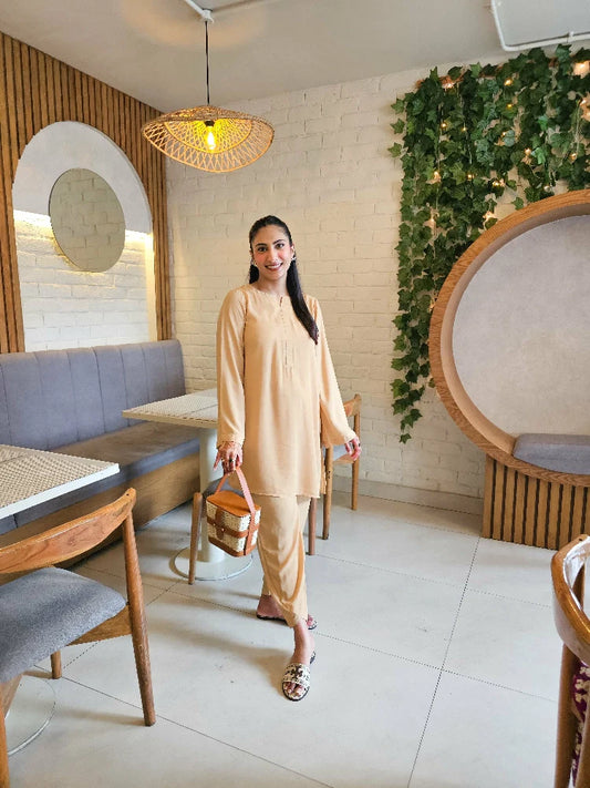 Picture of Manahils - Beige Basic Co-Ord Set - Available at Raja Sahib