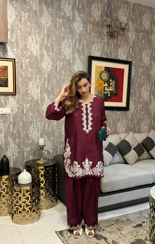 Picture of Manahils - Burgundy Embroidery Farshi Shalwar Set - Available at Raja Sahib