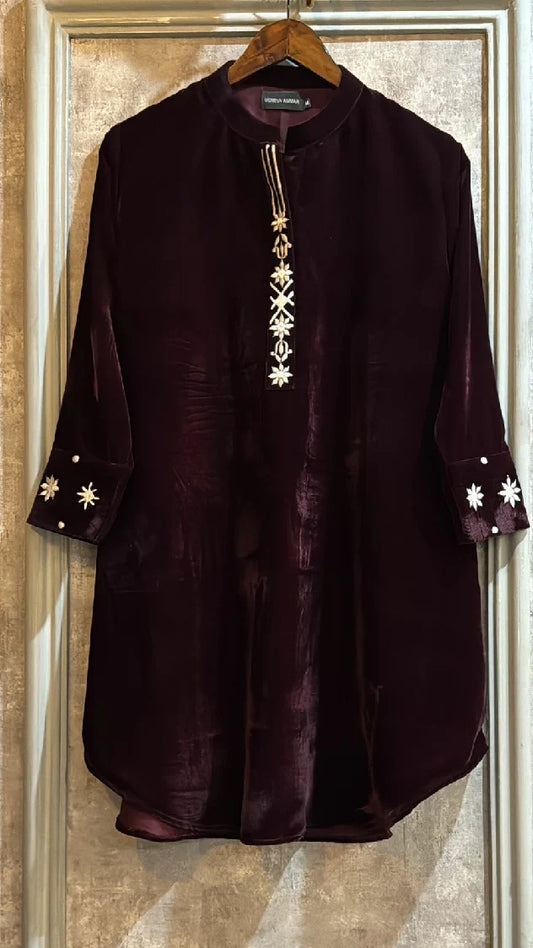 Picture of Manahils - Burgundy Embroidered Velvet Co-Ord - Available at Raja Sahib