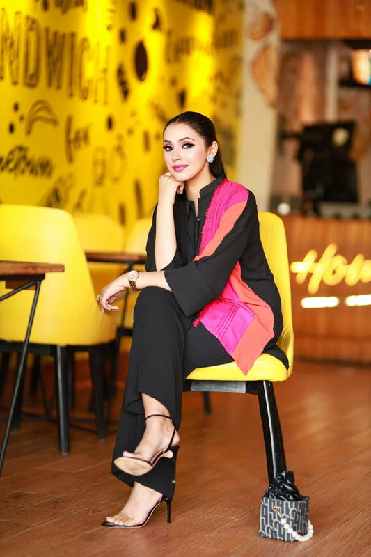 Picture of Manahils - Color Block Fringes Co-Ord Set - Available at Raja Sahib