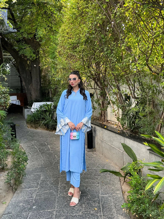 Picture of Manahils - Ice Blue Embroidered Sleeves - Available at Raja Sahib