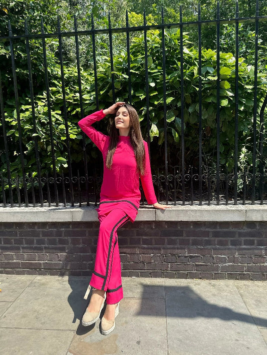 Picture of Manahils - Pink Co-Ord Set With Strip - Available at Raja Sahib